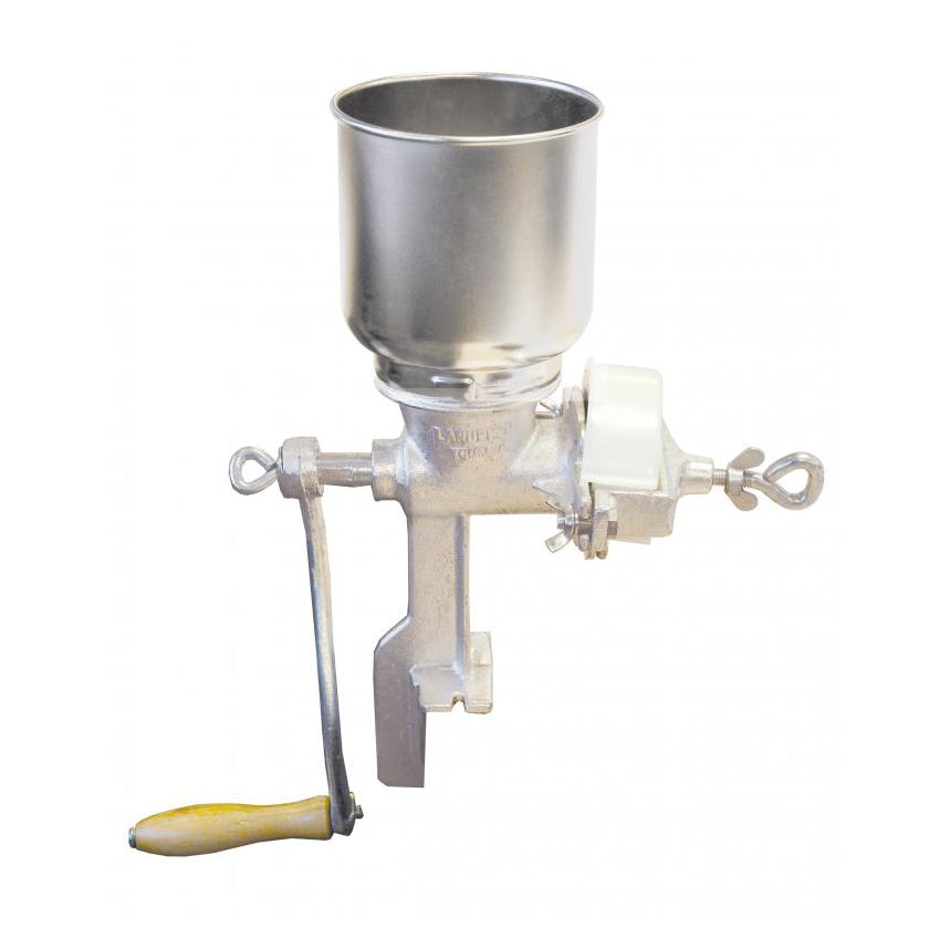 Omcan 41158 Food Mill, 15-1/2"x11"x14-3/4" Crank, Course-to-Fine Grind, Cast Iron, Clamps 1-1/2" Thick