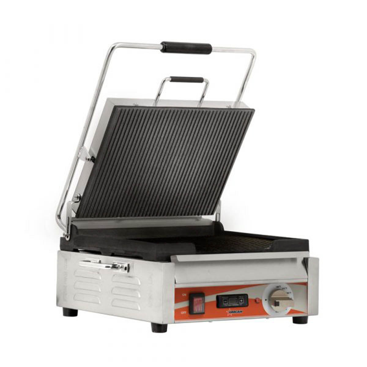 Omcan 42912 Single Sandwich Panini Grill w/ Timer, 15" x 12" Grooved Plates, 120V
