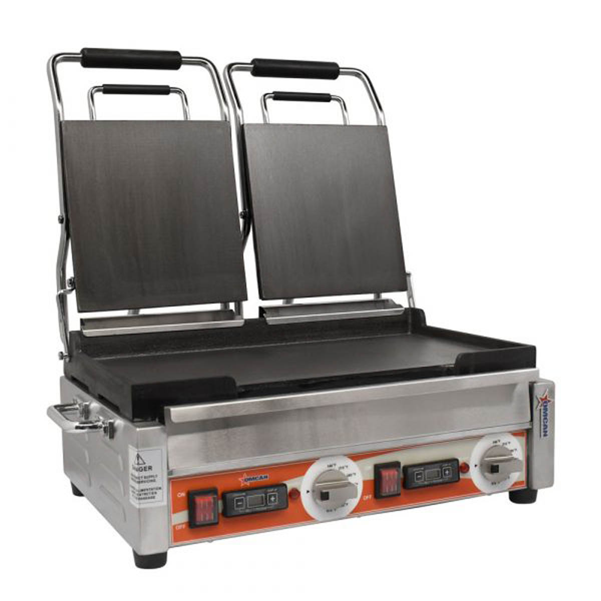 Omcan 42913 Double Sandwich Panini Grill w/ Timer, 18" x 10" Smooth Plates, 220V