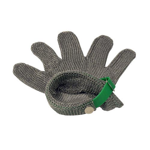 Omcan 44353 Mesh Cut-Resistant Glove, X-Large 5-Finger Stainless Steel with Green Silicone Strap | 0" Wide