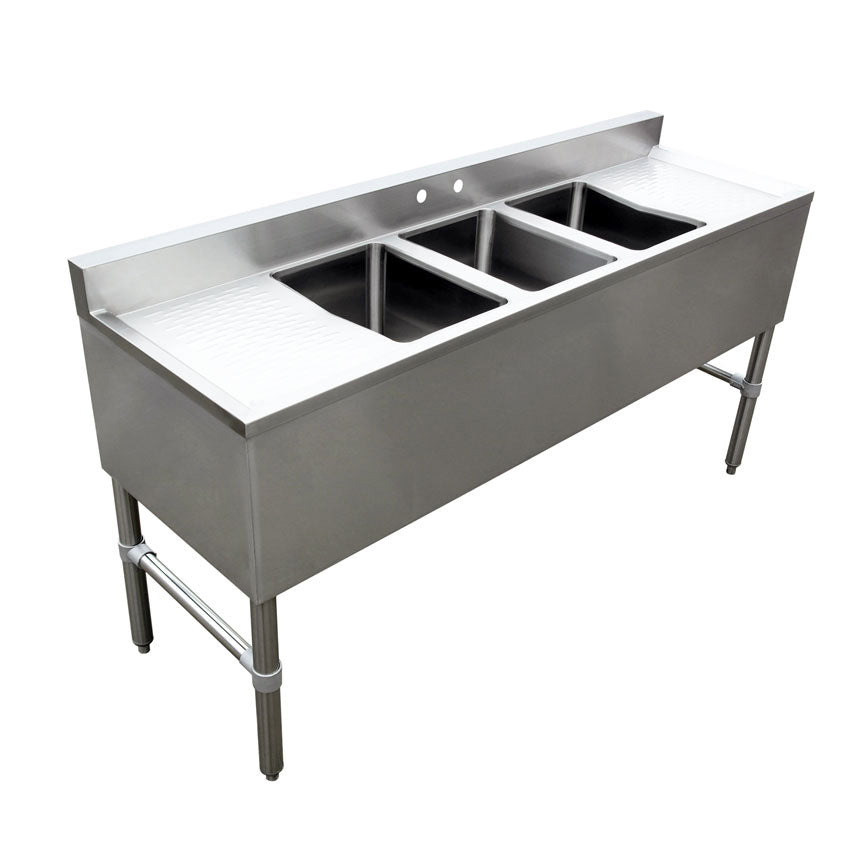 Omcan 44627 Underbar Sink Units, 3 Compartment with 2 Drainboards | stainless steel top, front, ends & galvanized legs