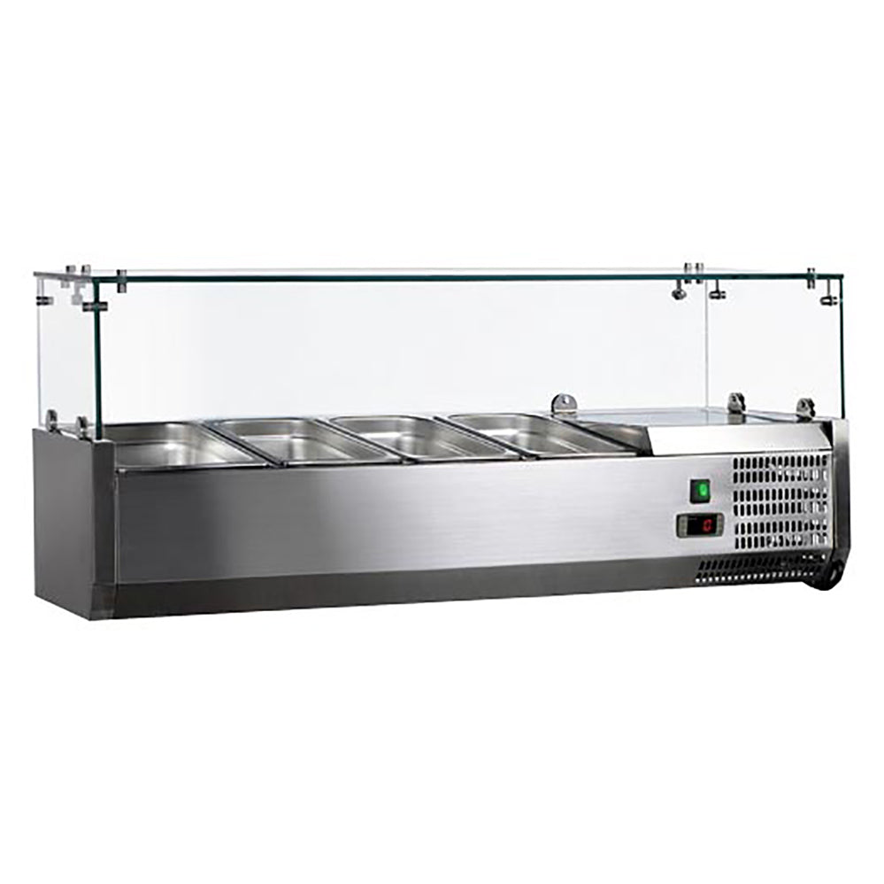 Omcan 46679 47" Countertop Refrigerated Pizza Topping Rail w/ Sneeze Guard, (4) 1/3 GN Pans