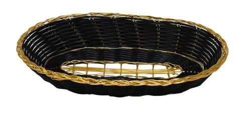 Omcan 47193 Long Oval Woven Display Basket, 9"D x 4.25"W x 2"H, Black with Golden Trim