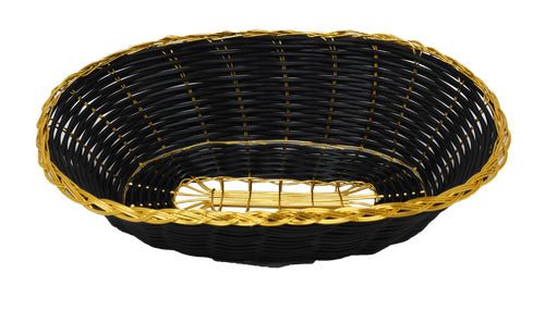 Omcan 47194 Woven Long Oval Food Display Basket, 9"D x 6.25"W x 2.25"H, Black with Golden Trim