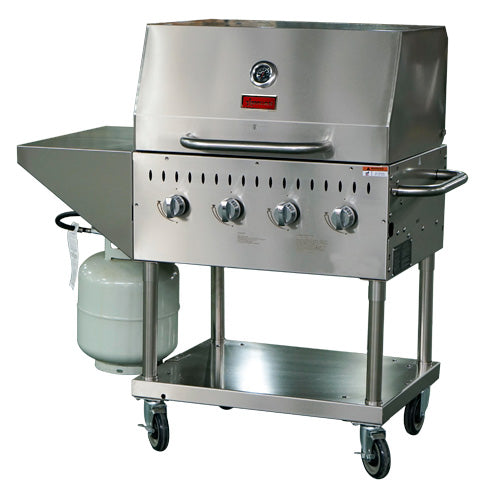 Omcan 47352 33" Mobile Outdoor LP Gas BBQ Grill w/ 4 Burners, Roll Dome, 64.000 BTU
