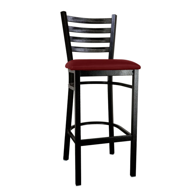 Omcan 47592+69746 Ladder Back Bar Stool, Burgundy Vinyl Seat, Black Metal Frame, Armless | 17" Wide