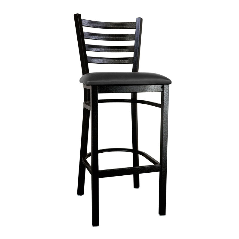 Omcan 47592+76554 Ladder Back Bar Stool, Upholstered Vinyl Seat, Metal Frame, Black | 17" Wide