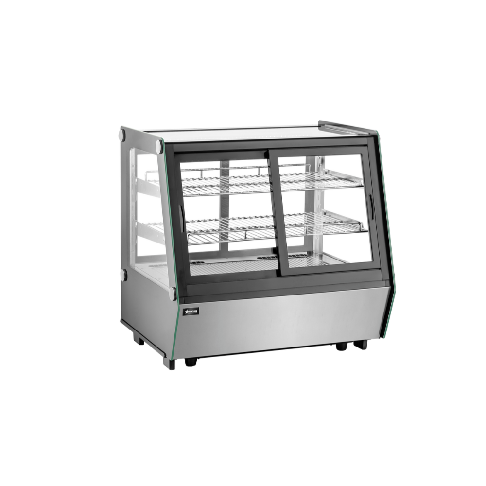 Omcan 48567 Countertop Refrigerated Display Case 35" Black 4.8 Cu.ft Steel Glass Doors 2 Shelves