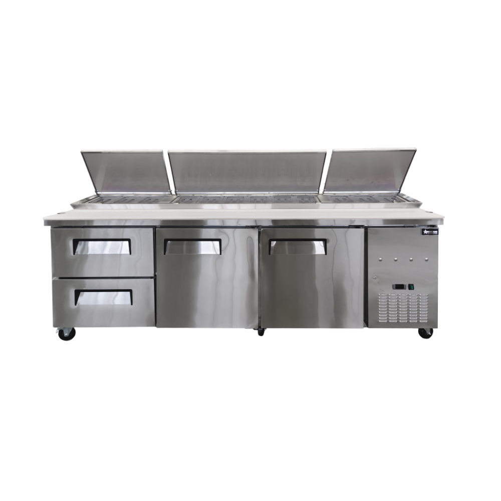 Omcan 49299 94" 3-Section Refrigerated Pizza Prep Table, 2 Doors, 12 Pans, Stainless Steel