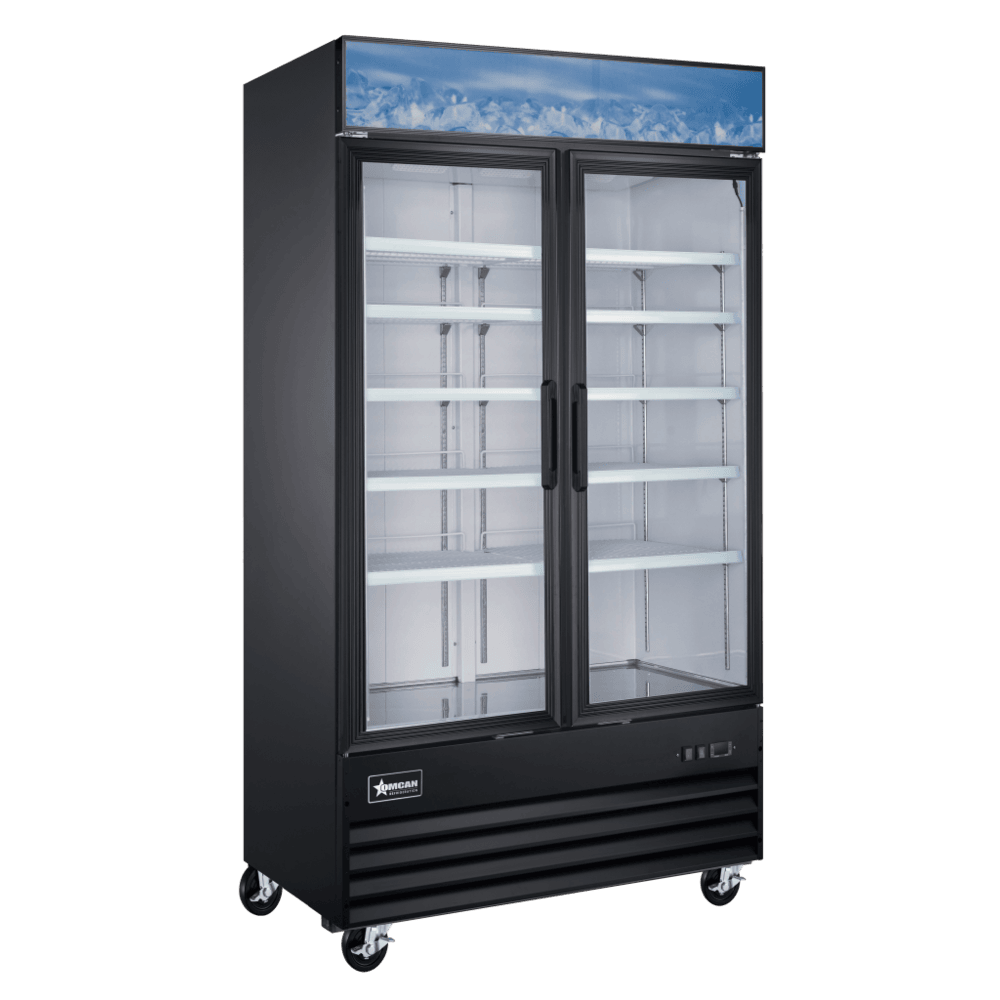 Omcan 51031 49" 2-Section Glass Door Freezer, 29 cu ft, Bottom-Mount R290, LED, Auto Defrost