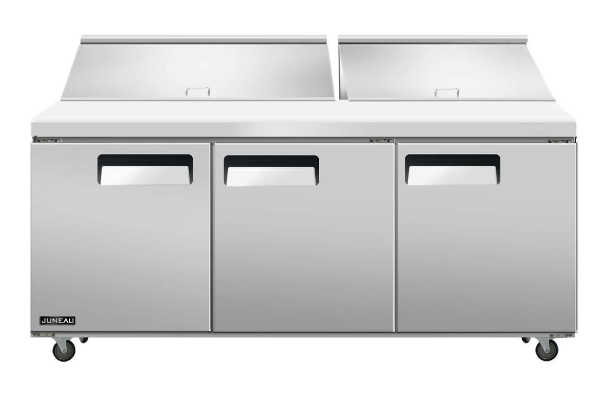 Omcan 58009 72" 3-Section Sandwich and Salad Prep Table w/ 3 Doors, 18 Pans, Stainless Steel