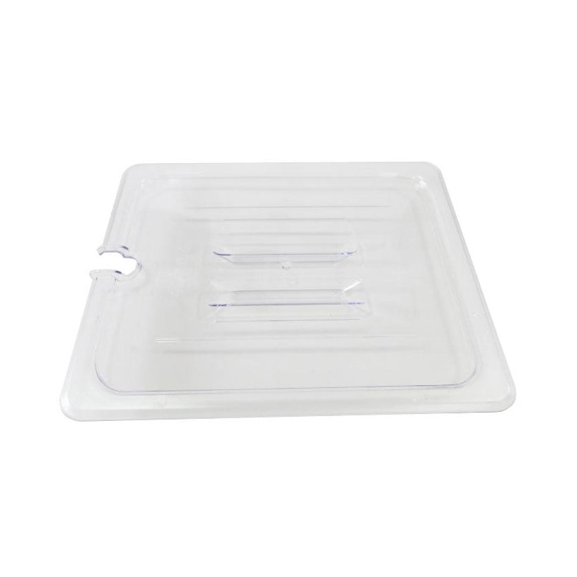 Omcan 80026 1/2-Size Clear PC Pan Cover, Handled Spoon-Notched Slotted Lid, 12-4/5"x10-7/16"