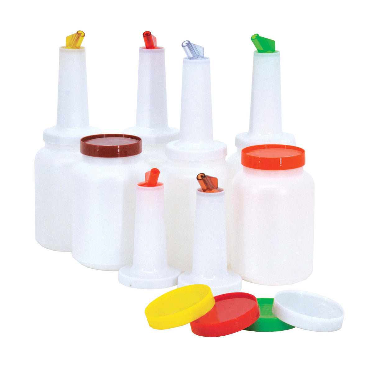 Omcan 80232 Multi-Pour Set, 12 x 2-Qt (64 oz) Containers, Colors, Spouts & Lids - 12/Set | 64 oz = 2 qt = 1/2 gal