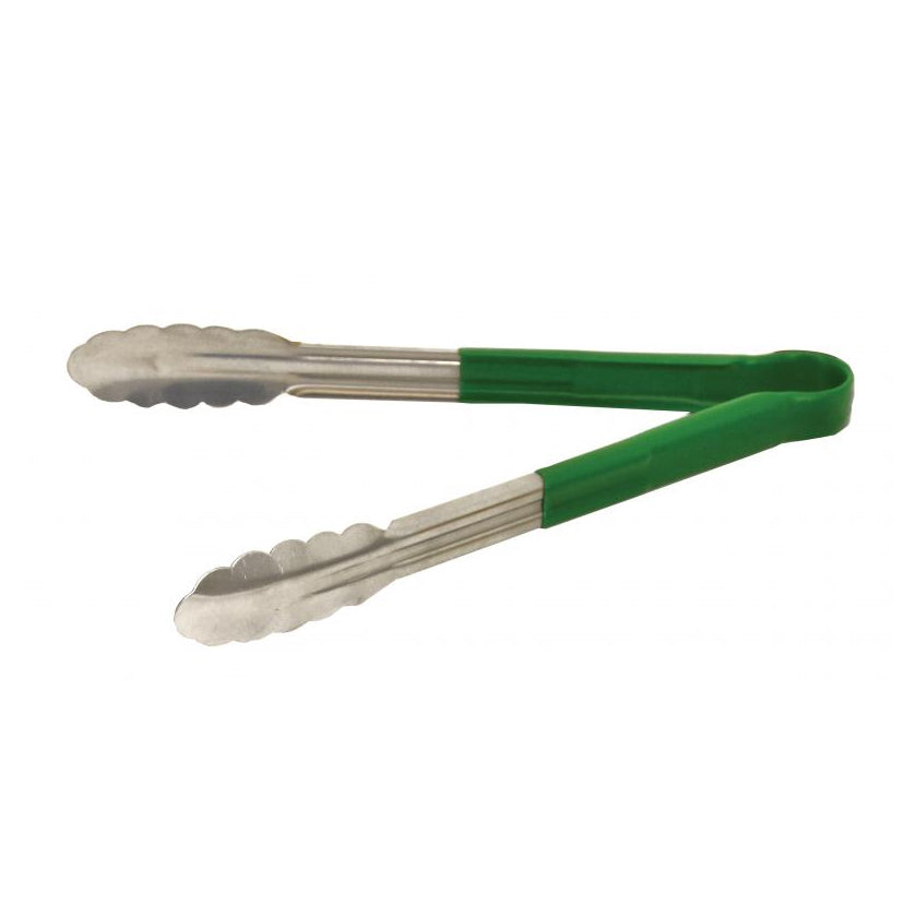 Omcan 80544 Utility Tongs - 12" Stainless Steel with Green Plastic Coated Handle, Kitchen Utensil