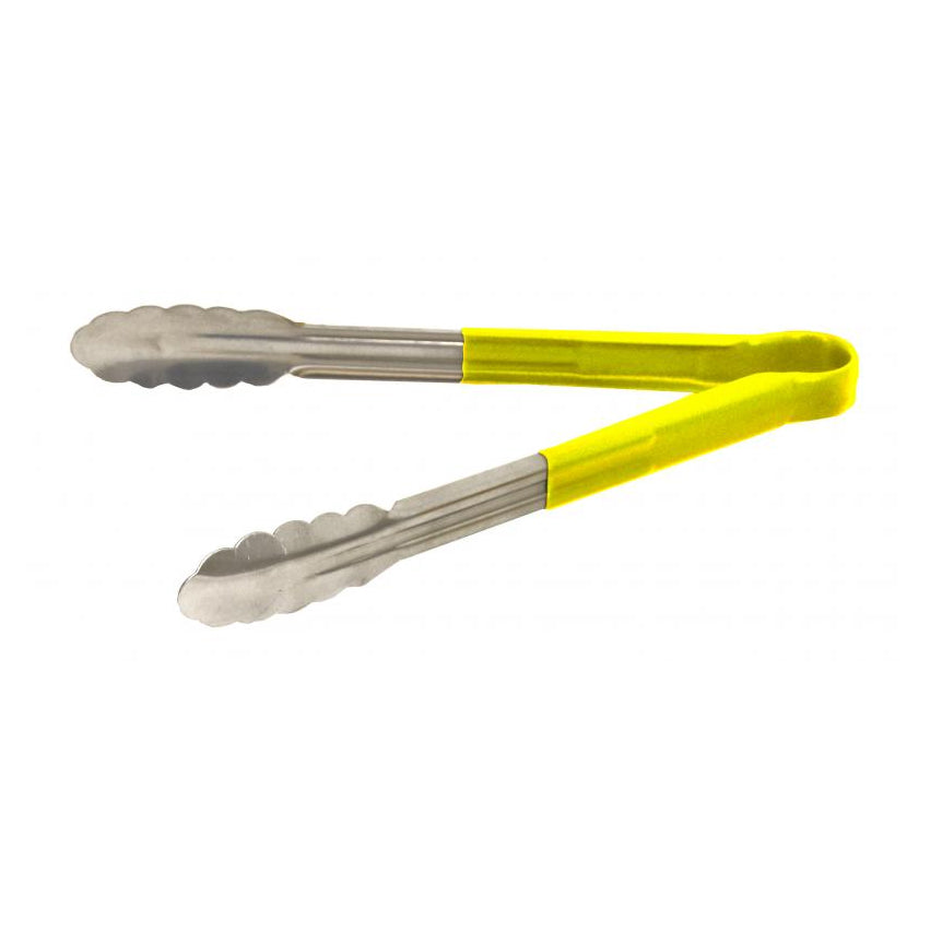 Omcan 80547 Utility Tongs - 12"-13" Stainless Steel with Yellow Plastic Coated Handle