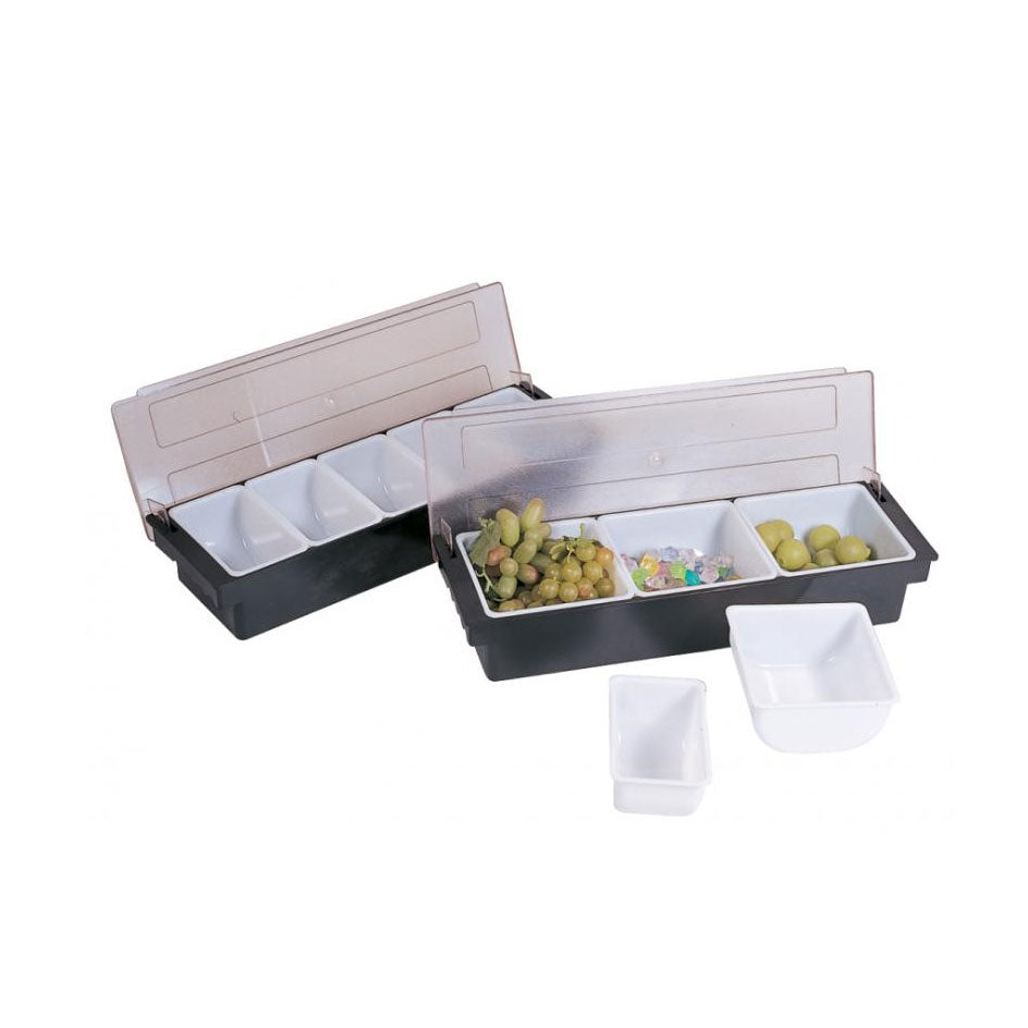 Omcan 80589 Condiment Holder, 20"W x 6"D x 3-1/2"H, 3 Compartment, Black ABS, White PP Inserts
