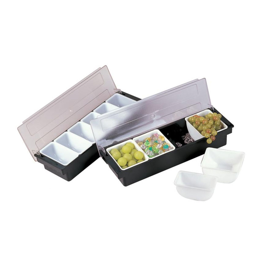 Omcan 80590 4-Compartment Black Condiment Bar Holder, ABS Plastic, Polypropylene Inserts | 20" Wide