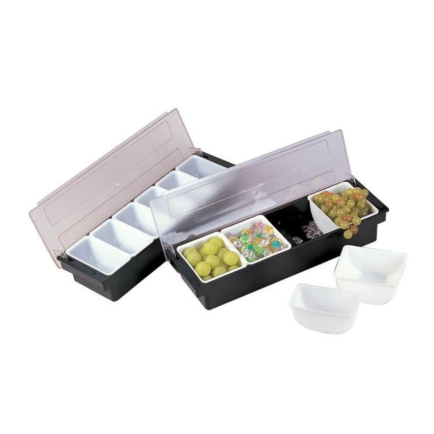 Omcan 80592 Bar Condiment Holder, 20"W x 6"D x 3-1/2"H, 6-Compartment Black ABS Plastic