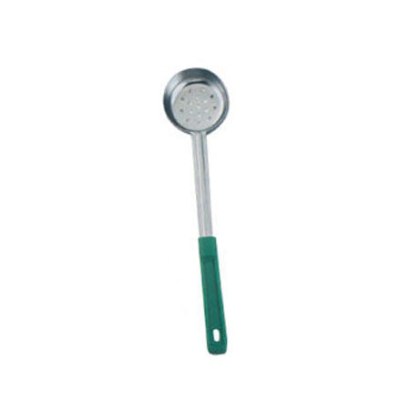 Omcan 80784 4 Oz One-Piece Stainless Steel Perforated Portion Control Spoon with Green Handle