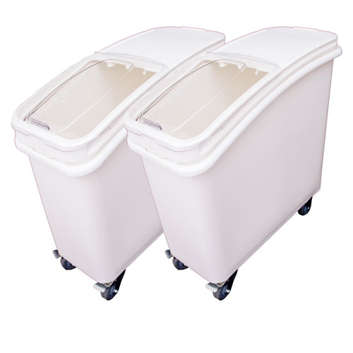 Omcan 80985 21 Gal White Food Plastic Mobile Bins with Cover, NSF, Casters, Scoops - 2/Set | 12.2" Wide