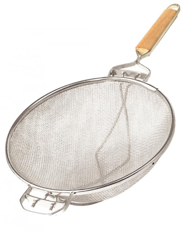 Omcan 81002 Mesh Strainer - 10-1/2" Double Mesh Stainless Steel with Flat Wood Handle - 10" Bowl