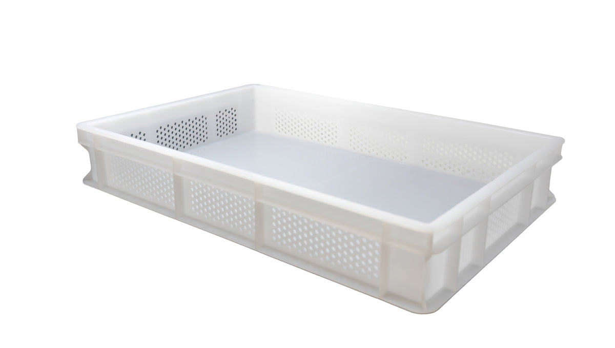 Omcan 81142 Tray - 23.6" x 15.7" x 3.93" White Polypropylene Box, Solid Base & Perforated Sides
