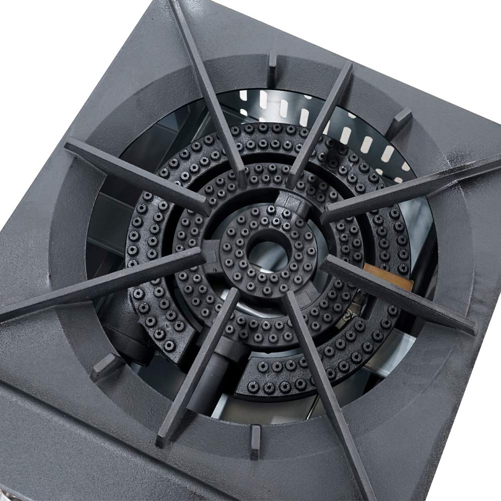 Standard Range SR-SP1 single burner gas stock pot range, cast iron grate over the burner, close-up