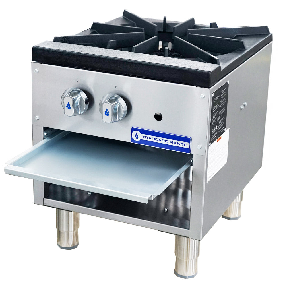 Standard Range SR-SP1 single burner gas stock pot range, angled front view with the drip tray pulled out