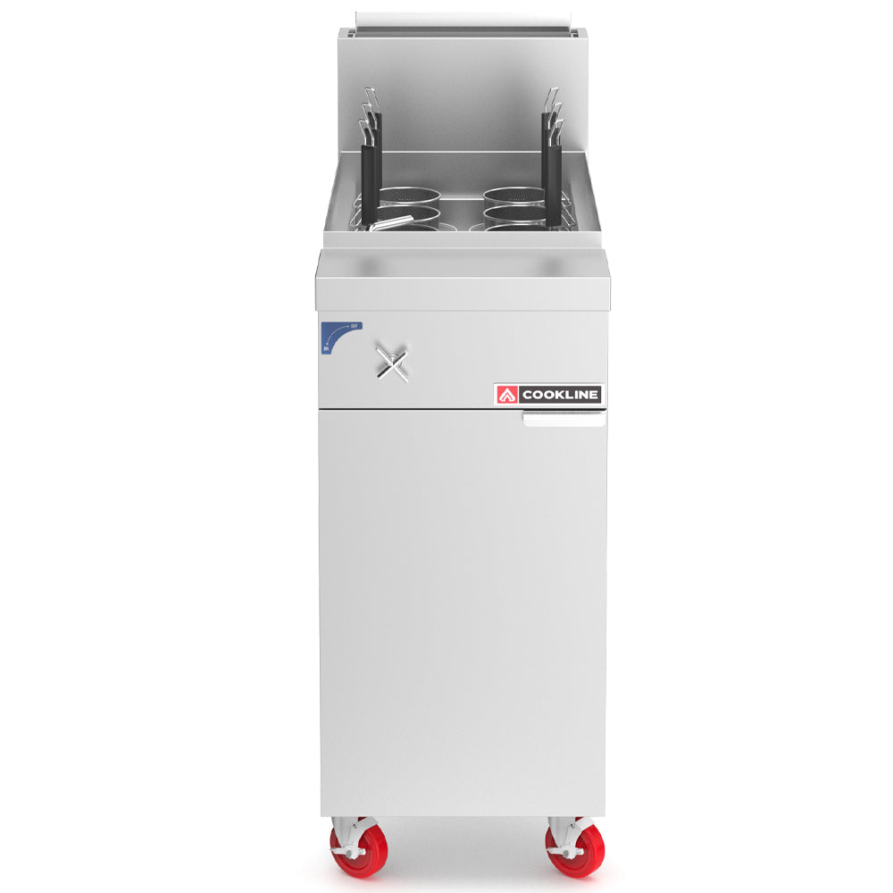 Cookline PC-1-NG gas pasta cooker with six baskets, front view on casters
