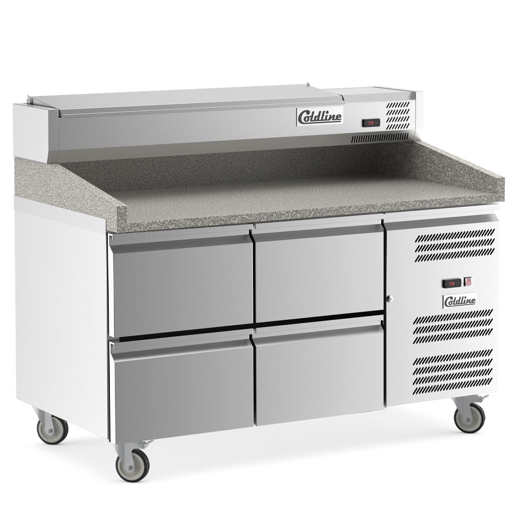 Coldline PDR-60-4D-SS 60" Refrigerated Pizza Prep Dough Retarder with Marble Top, Four Drawers and Refrigerated Stainless Topping Rail