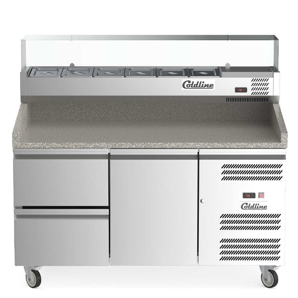 Coldline PDR-60-2D-SG 60" Refrigerated Pizza Prep Dough Retarder with Marble Top, Two Drawers and Refrigerated Glass Topping Rail