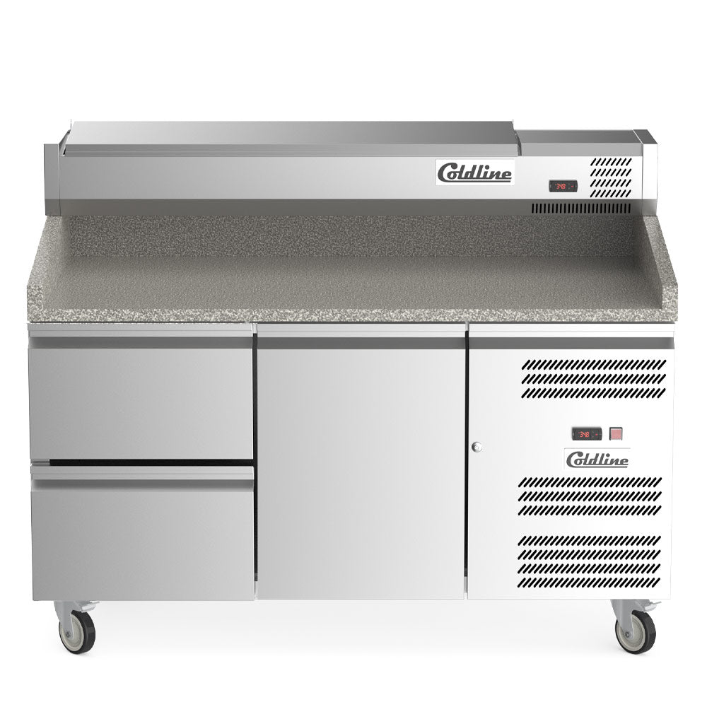 Coldline PDR-60-2D-SS 60" Refrigerated Pizza Prep Dough Retarder with Marble Top, Two Drawers and Refrigerated Stainless Topping Rail