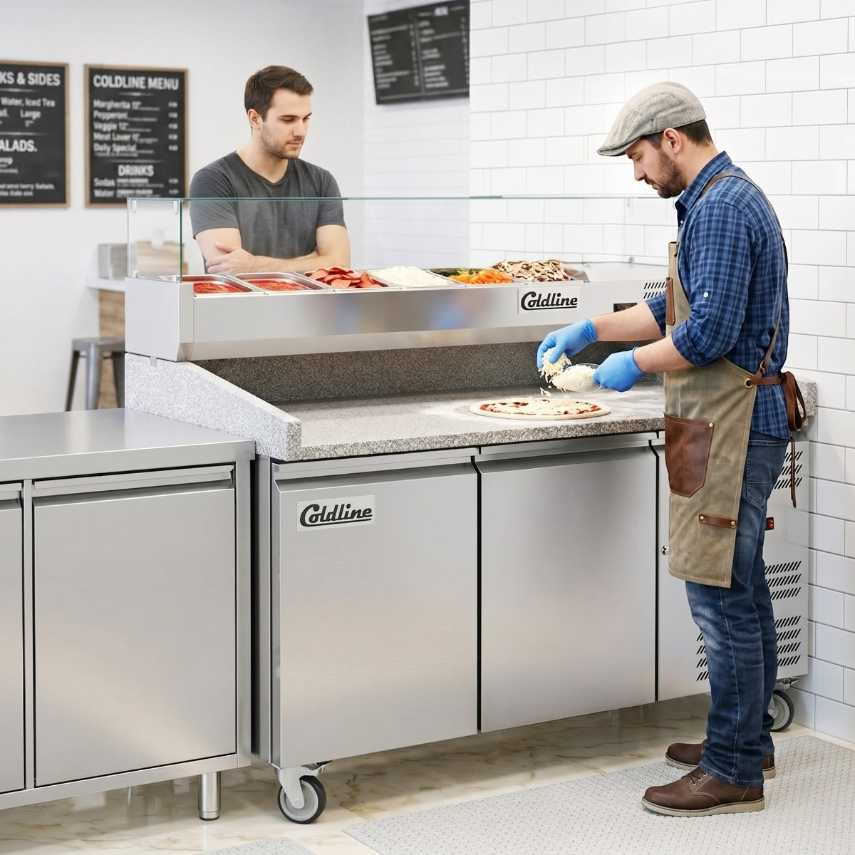 Coldline PDR-60-SG refrigerated pizza prep table with marble top, in use in a pizzeria (representative image)