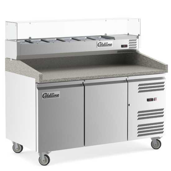 Coldline PDR-60-SG refrigerated pizza prep table with marble top, angled front view