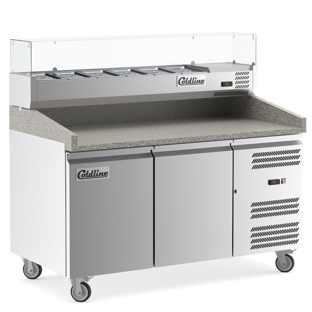 Coldline PDR-60-SG refrigerated pizza prep table with marble top, angled front view