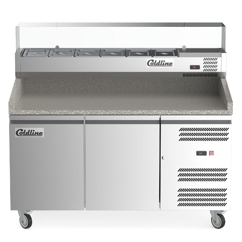 Coldline PDR-60-SG refrigerated pizza prep table with marble top, front view