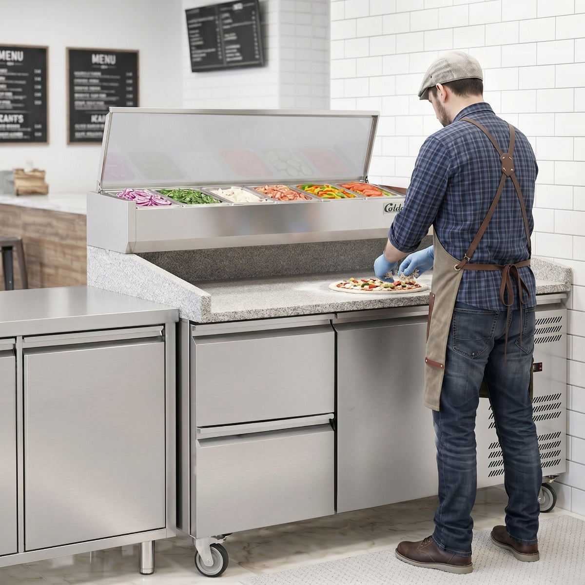 Coldline PDR-60-2D-SS 60" Refrigerated Pizza Prep Dough Retarder with Marble Top, Two Drawers and Refrigerated Stainless Topping Rail
