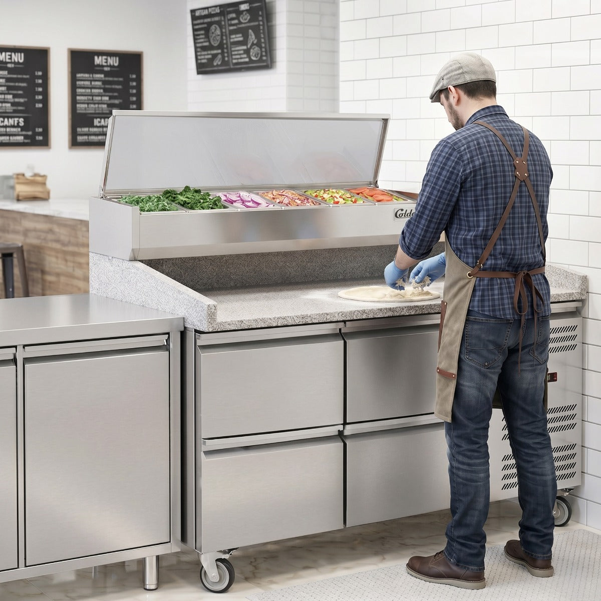 Coldline PDR-60-4D-SS 60" Refrigerated Pizza Prep Dough Retarder with Marble Top, Four Drawers and Refrigerated Stainless Topping Rail