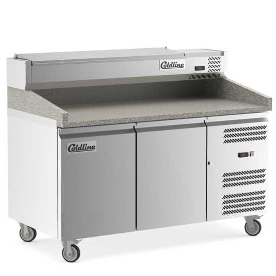 Coldline PDR-60-SS refrigerated pizza prep table with marble top, angled front view