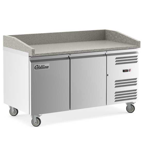 Coldline PDR-60 refrigerated pizza prep table with marble top, angled front view