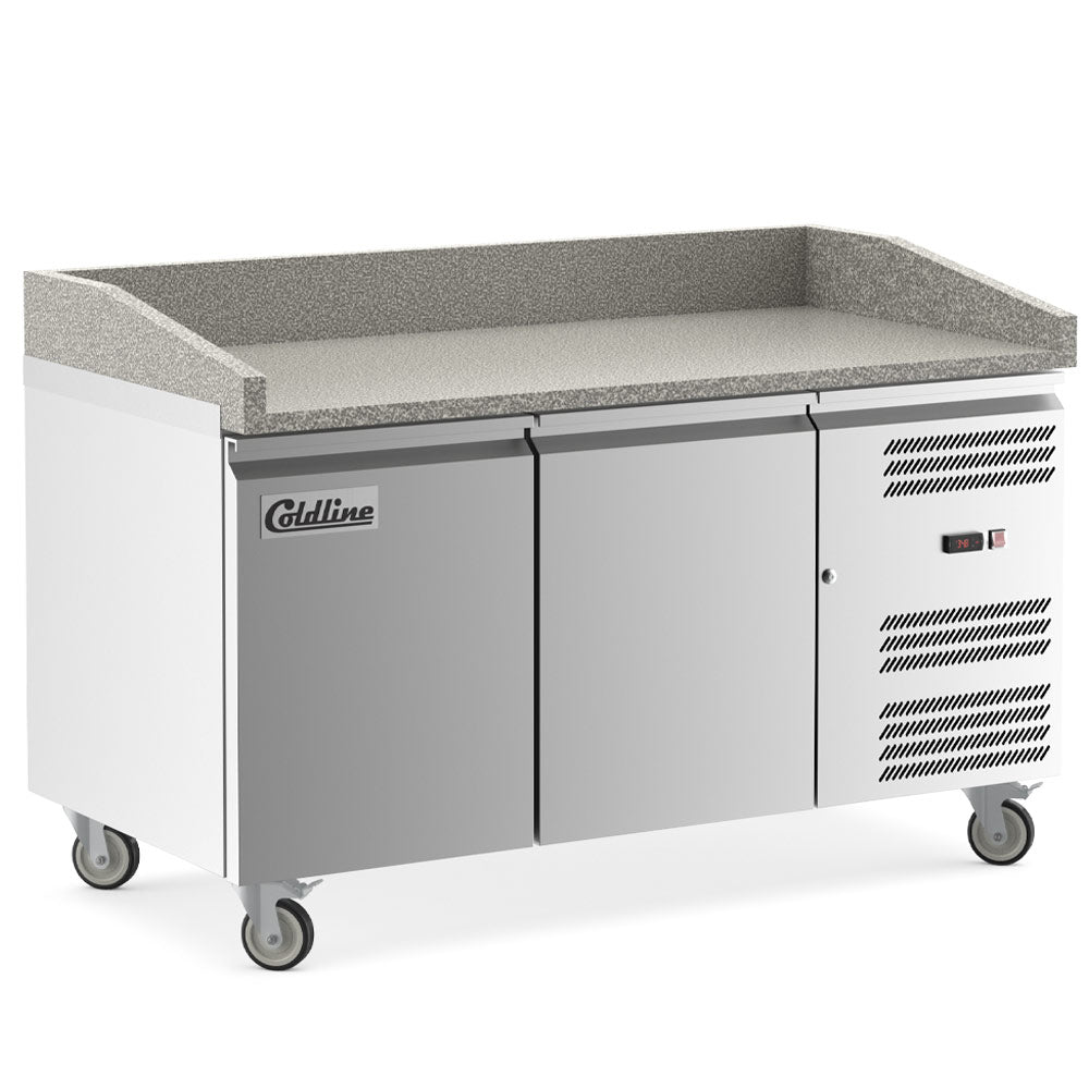 Coldline PDR-60 refrigerated pizza prep table with marble top, angled front view