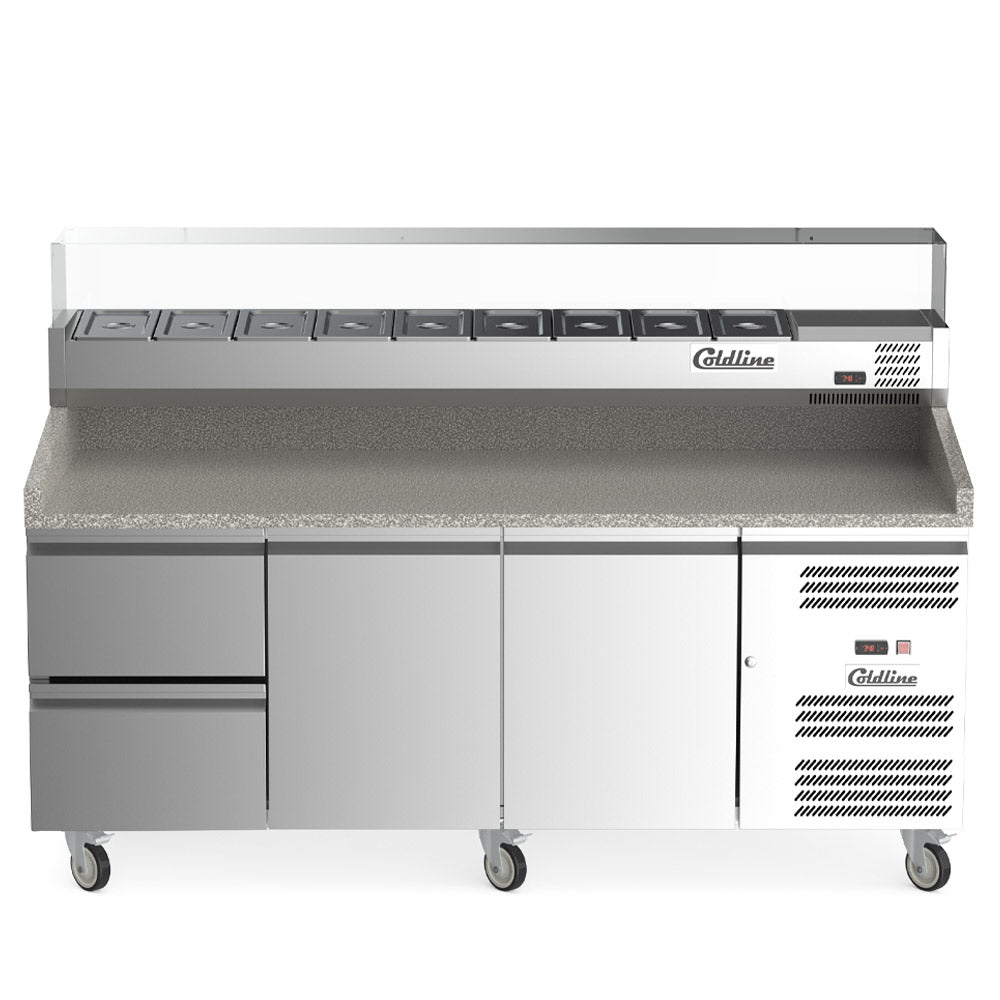 Coldline PDR-80N-2D-SG 80" Refrigerated Pizza Prep Dough Retarder with Marble Top, Two Drawers and Refrigerated Glass Topping Rail