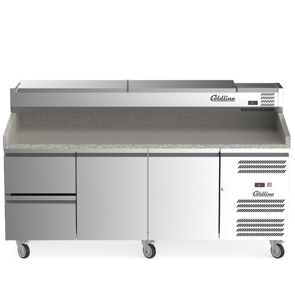 Coldline PDR-80N-2D-SS 80" Refrigerated Pizza Prep Dough Retarder with Marble Top, Two Drawers and Refrigerated Stainless Topping Rail