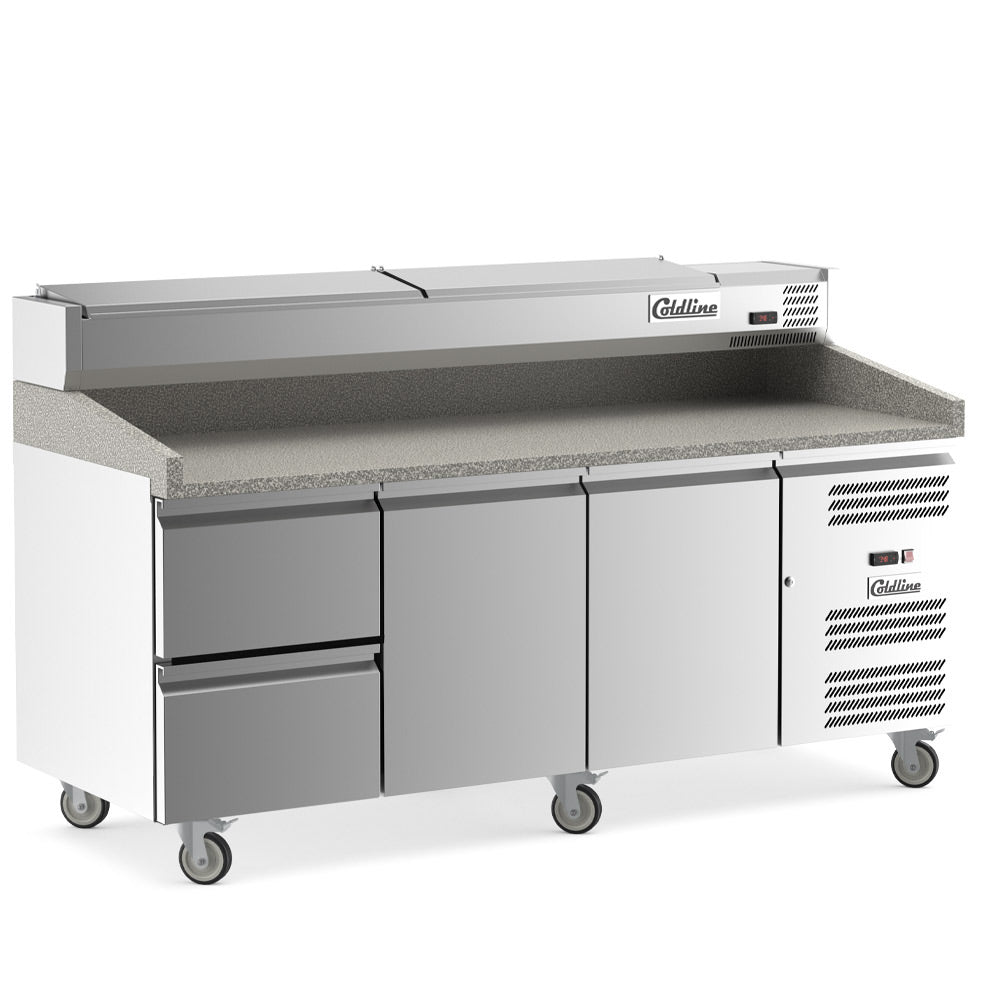 Coldline PDR-80N-2D-SS 80" Refrigerated Pizza Prep Dough Retarder with Marble Top, Two Drawers and Refrigerated Stainless Topping Rail