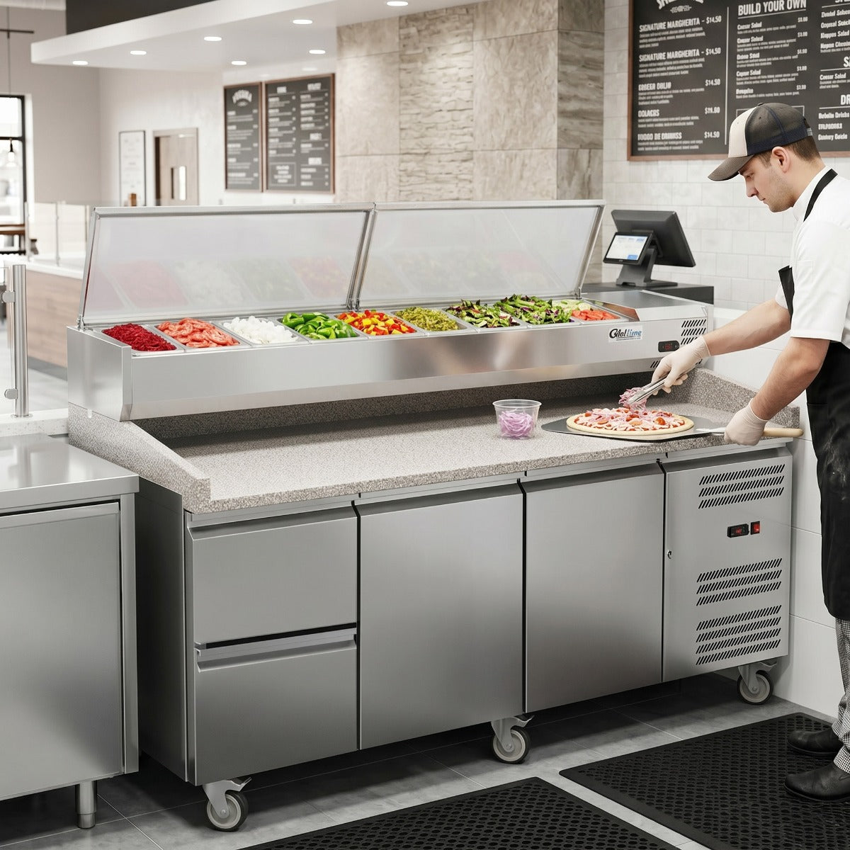 Coldline PDR-80N-2D-SS 80" Refrigerated Pizza Prep Dough Retarder with Marble Top, Two Drawers and Refrigerated Stainless Topping Rail