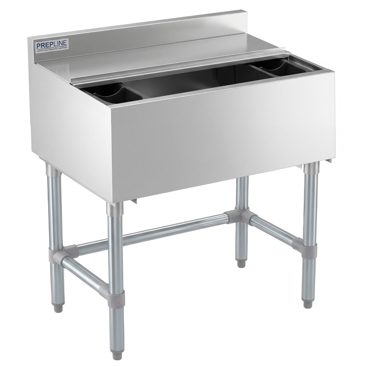 Prepline PIB183608L underbar ice bin, angled front view