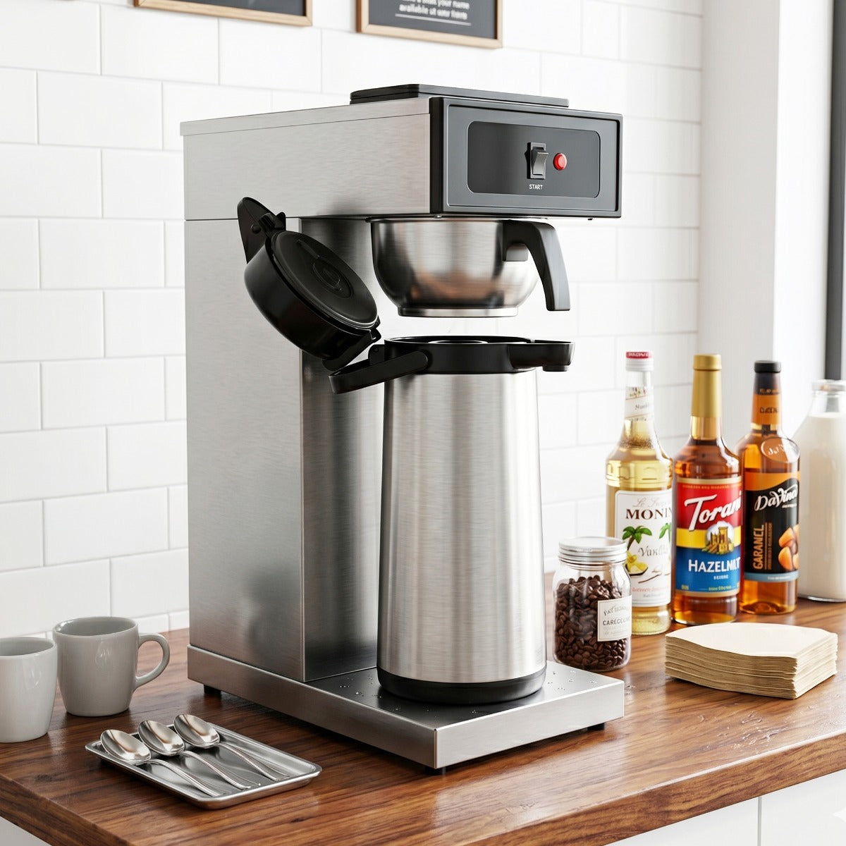 Prepline CAFE-1PA pourover airpot coffee brewer, on a coffee station counter with airpot