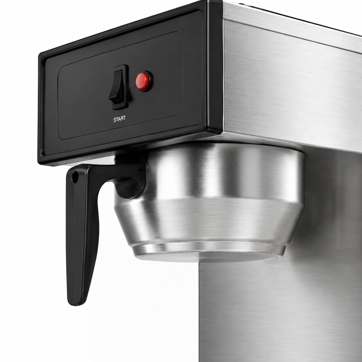 Prepline CAFE-1P pourover airpot coffee brewer, control panel and brew basket close-up