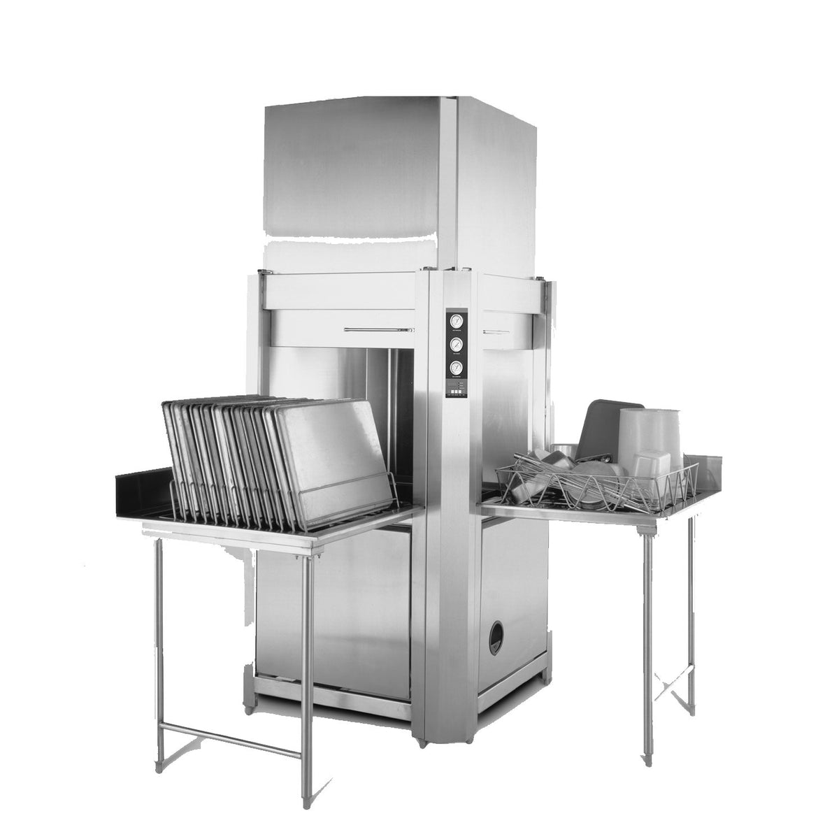 Champion PP-12-CPT corner pass-through pot and pan washer with doors raised, shown with tables