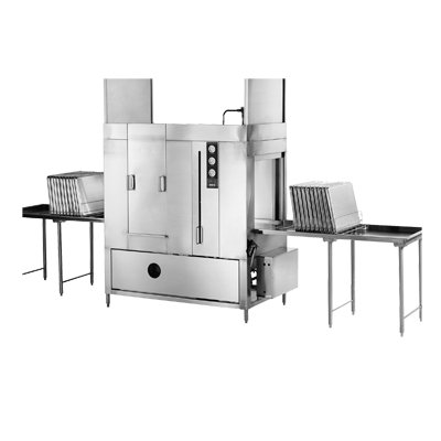 Champion PP-20-PT pass-through pot and pan washer, shown with inlet and outlet tables